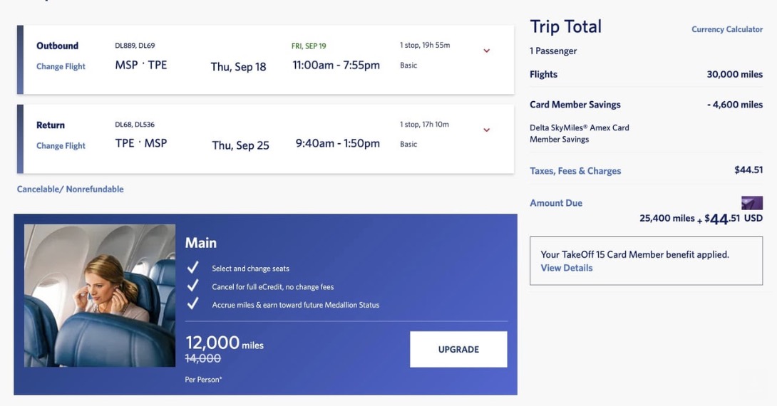 Delta Skymiles fare from MSP to TPE